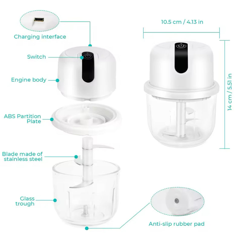 **Processador de Alimentos Elétrico Multifuncional – Triturador, Cortador e Moedor com Carregamento USB**